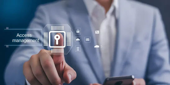 Diagram showing identity and access management connecting users, machines, and APIs to enterprise systems through a Zero Trust verification layer.