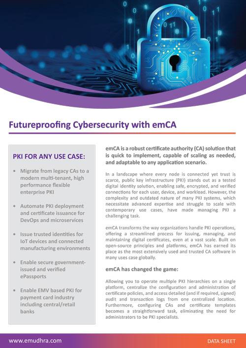 emCA is a robust certificate authority (CA) solution that is quick to implement, capable of scaling as needed and adaptable to any application scenario.